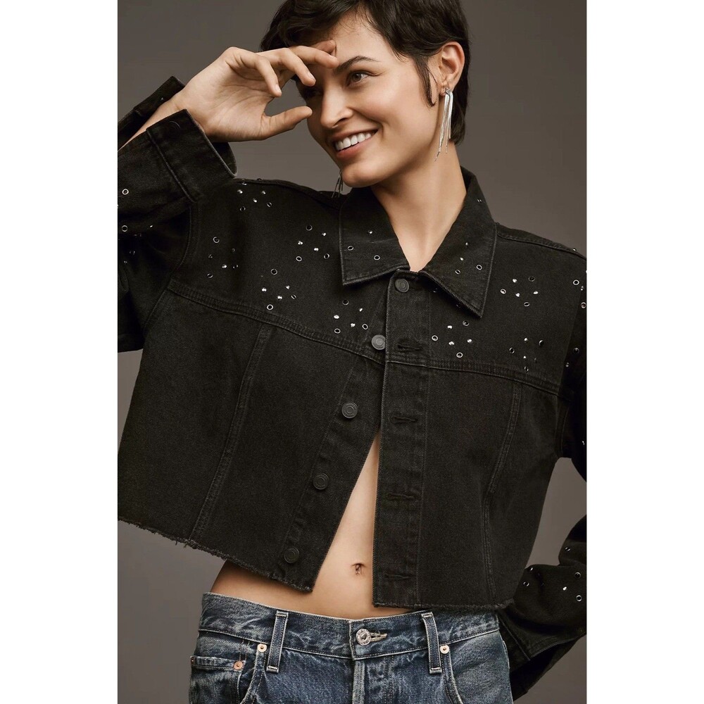 Anthropologie Hudson Glitter Cropped Denim Jacket Black Sm Edgy